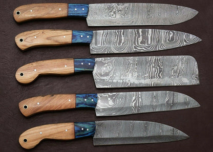 5 Piece Handmade Damascus Chef Knife Set with Pakka Wood Handle