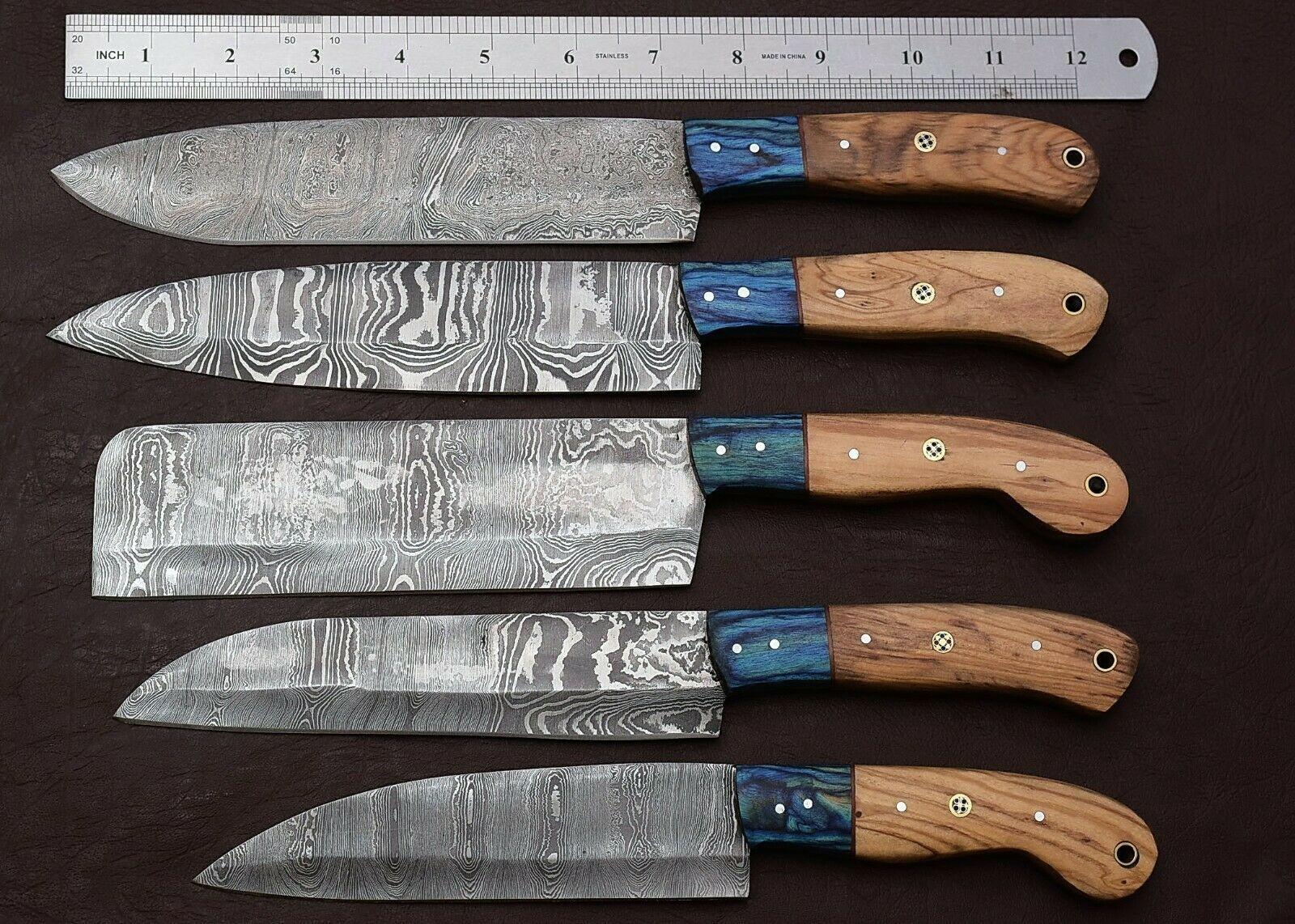 5 Piece Handmade Damascus Chef Knife Set With Pakka Wood Handle 2