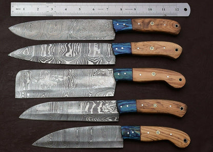 5 Piece Handmade Damascus Chef Knife Set With Pakka Wood Handle 2