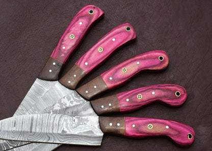 Unique Damascus Steel 5 Piece Kitchen Knife Set With Pakka Wood 3