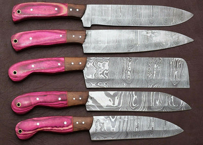 Unique Damascus Steel 5 Piece Kitchen Knife Set with Pakka Wood