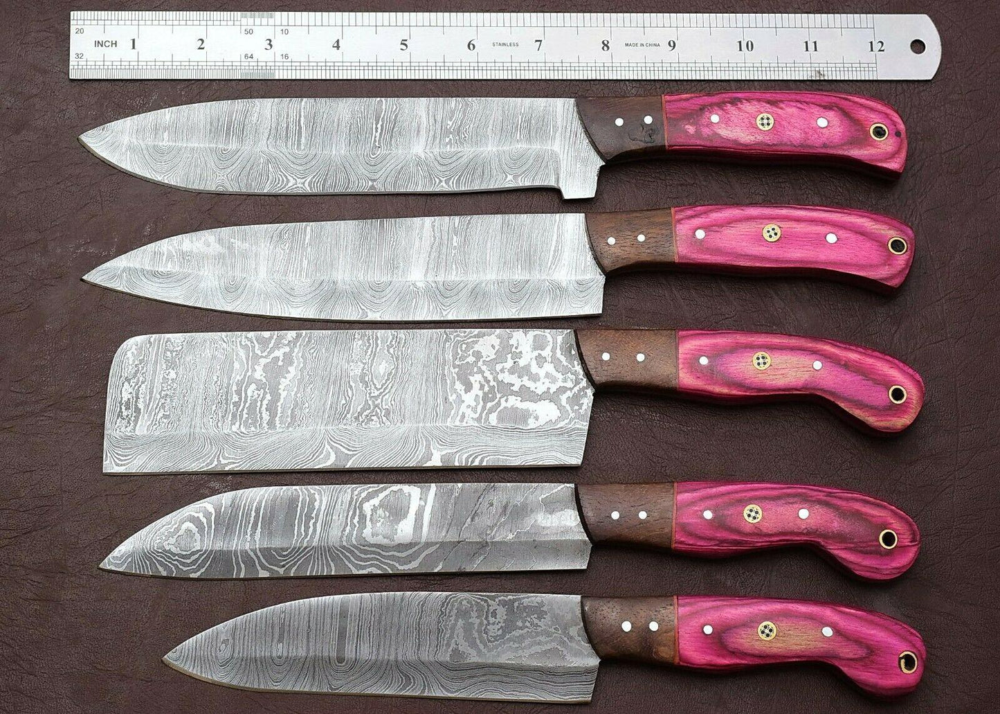 Unique Damascus Steel 5 Piece Kitchen Knife Set With Pakka Wood 1
