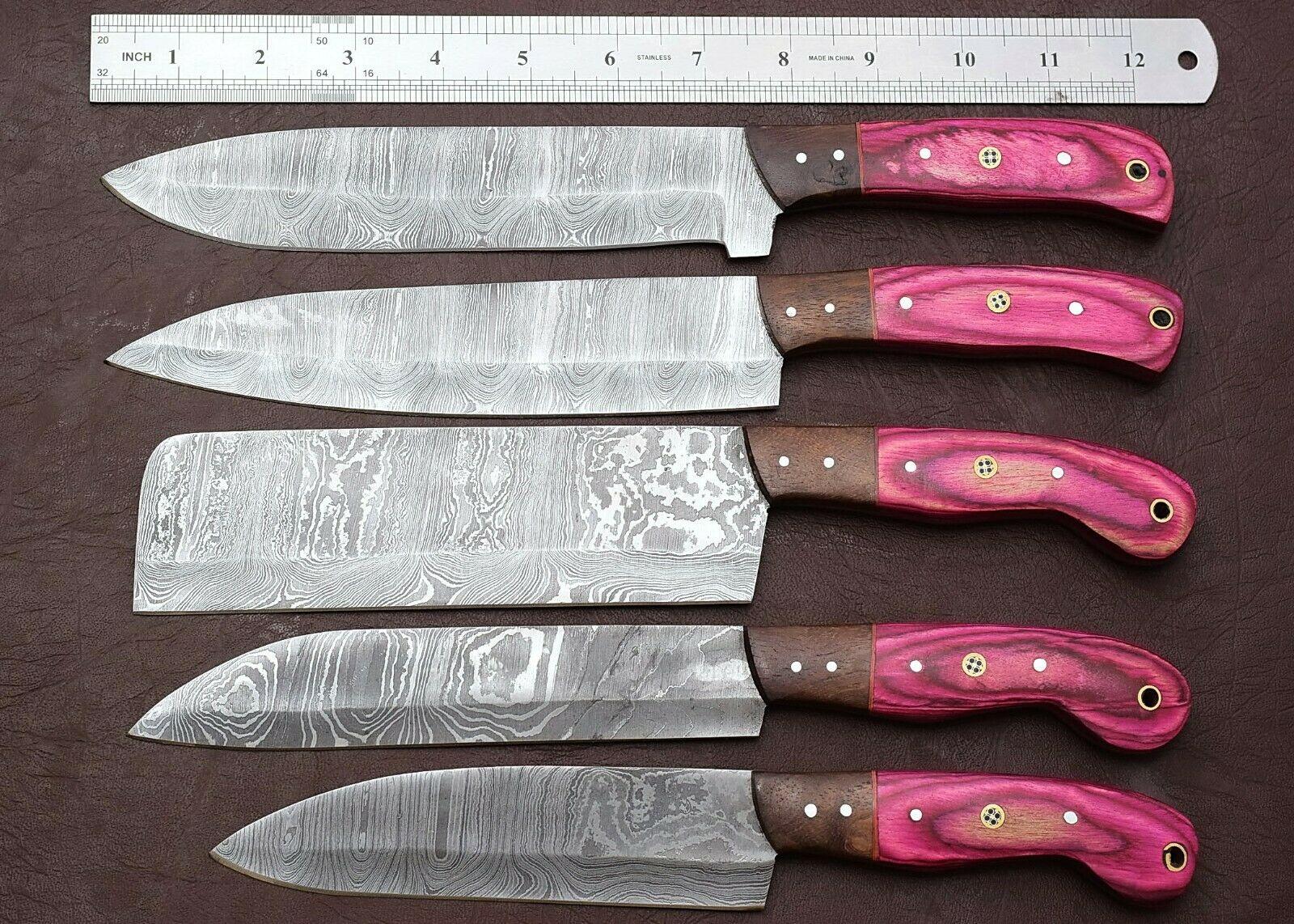 Unique Damascus Steel 5 Piece Kitchen Knife Set With Pakka Wood 1