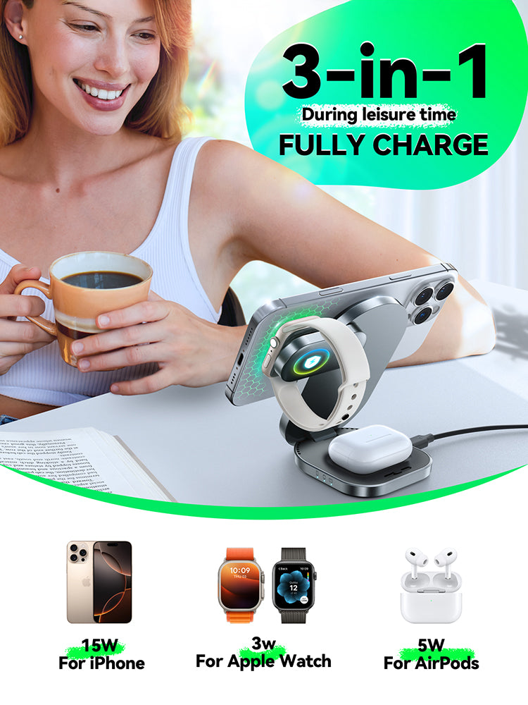 Foldable Qi2 3 In 1 Wireless Charging Station Fast Wireless Charger Stand IPhone  Apple Watch 2