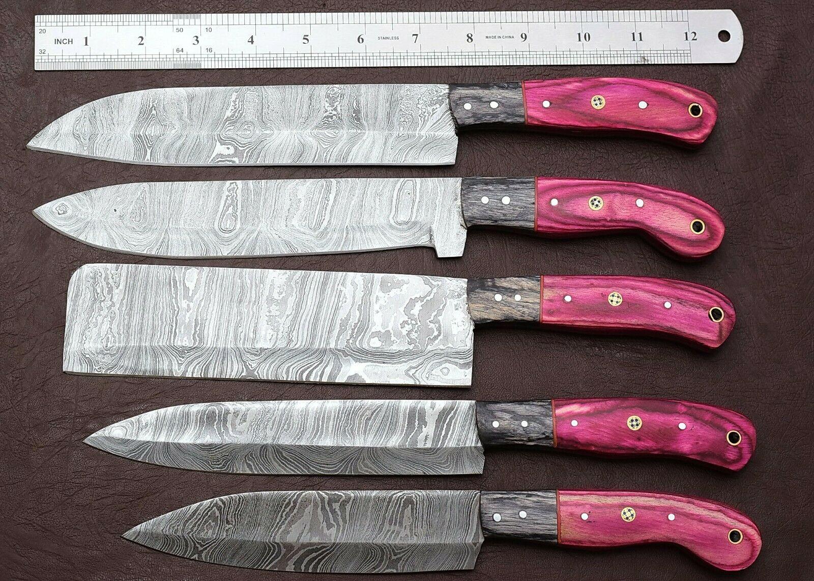 Hand Forged Damascus Kitchen Knives 5 Pc Set With Pakka Wood Handle 2