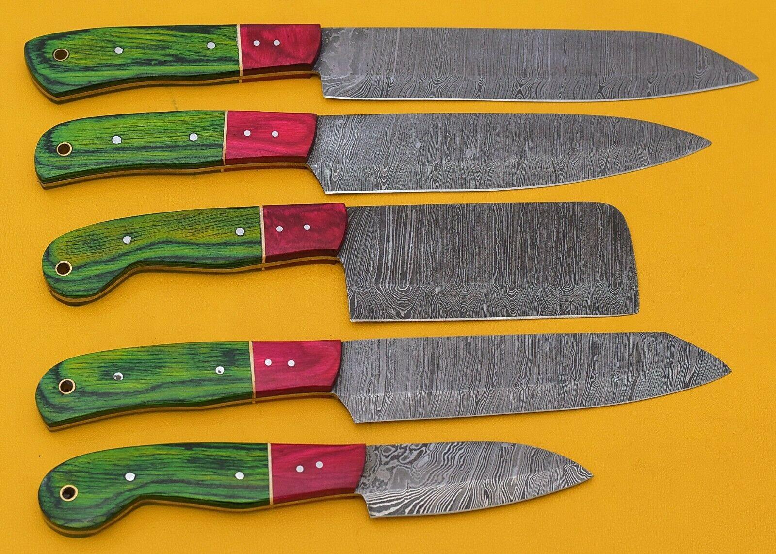 Artisan Handmade Damascus 5 Chef Knives Set With Pakka Wood Handle 1