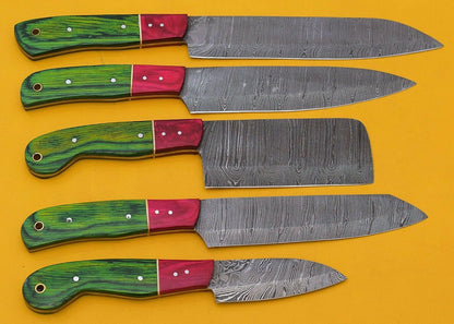 Artisan Handmade Damascus 5 Chef Knives Set With Pakka Wood Handle 1