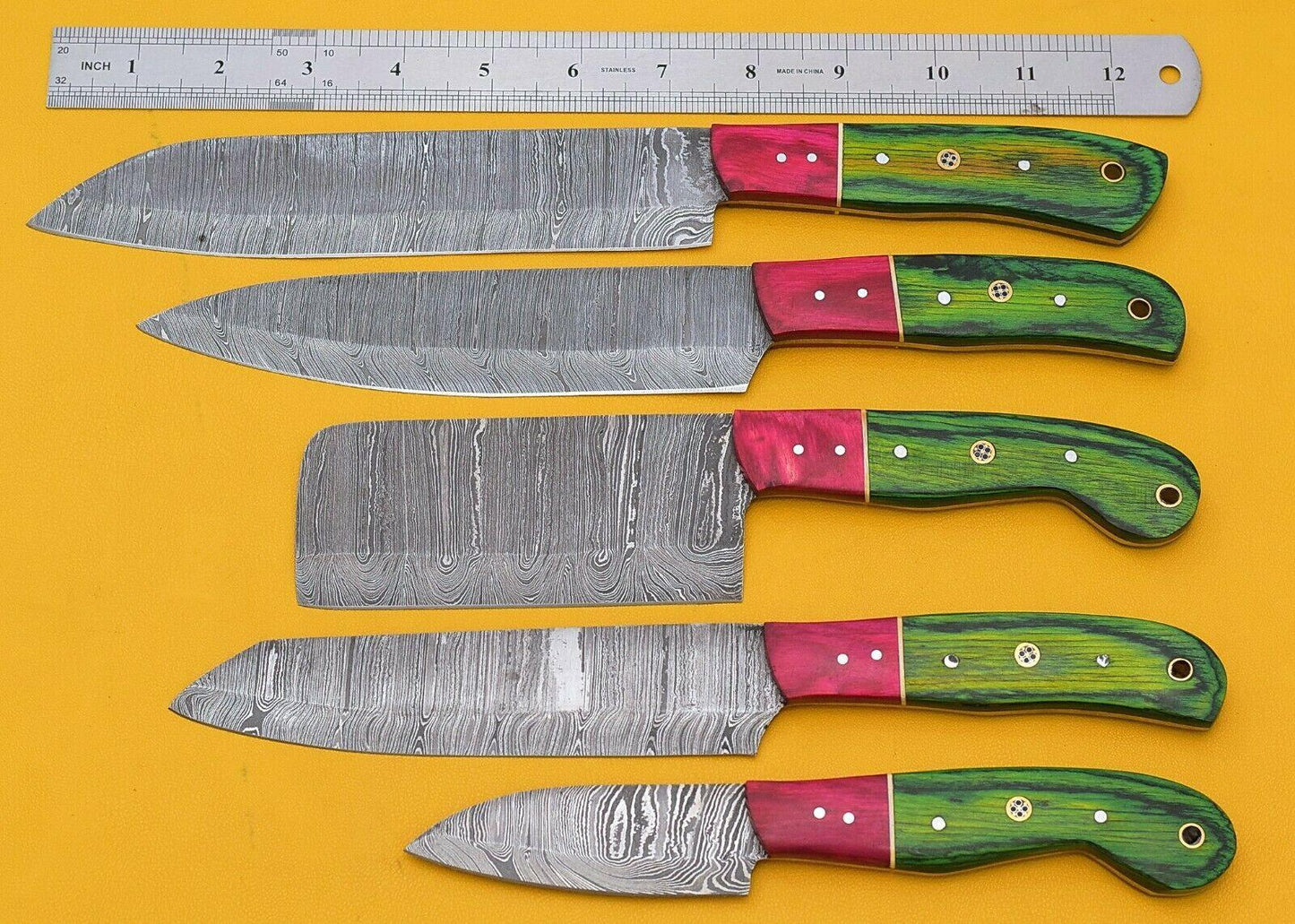 Artisan Handmade Damascus 5 Chef Knives Set with Pakka Wood Handle