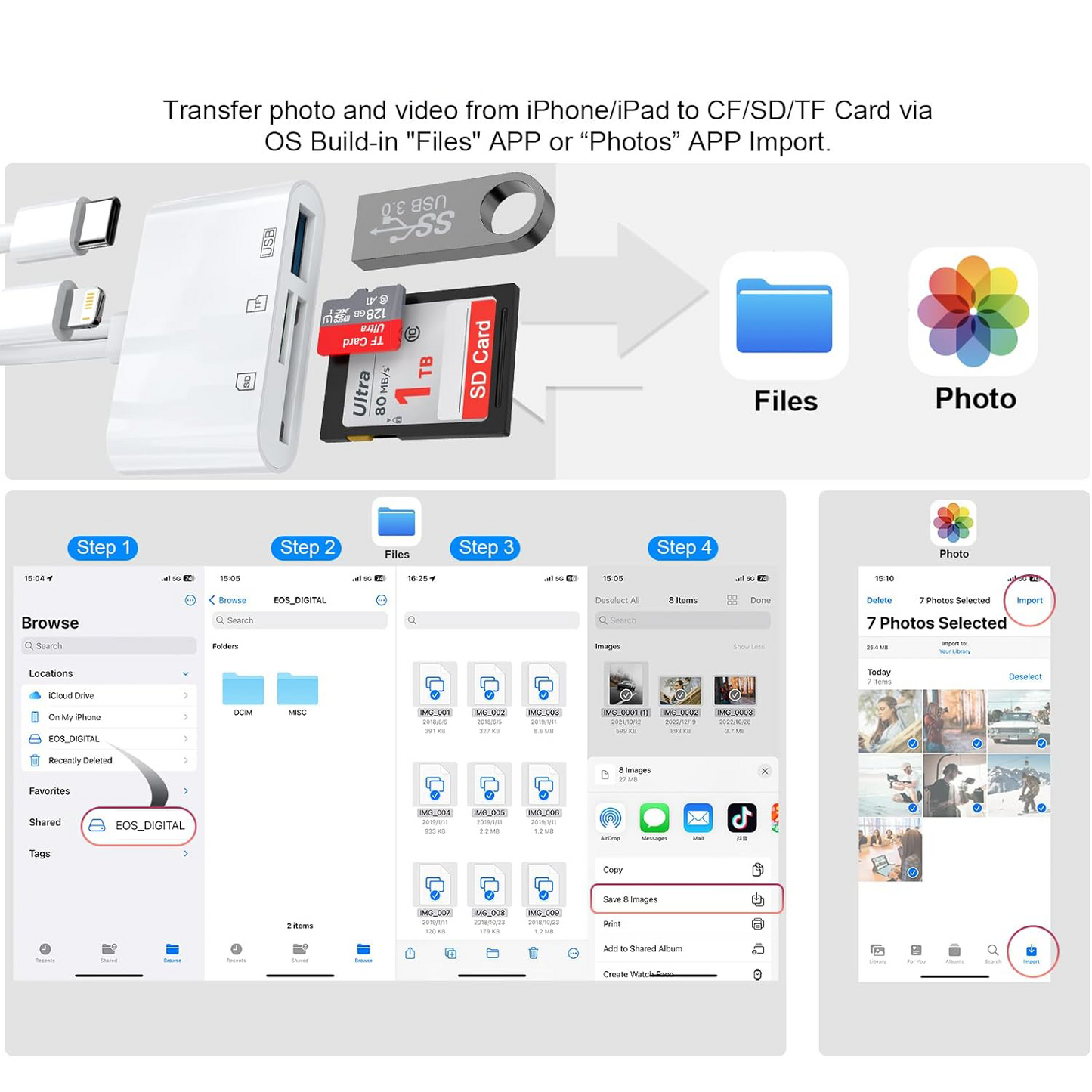 OTG Adapter USB 3.0 Type C SD TF Card Reader for iPhone 14 15 16 iPad MacBook Android Cameras Plug and Play
