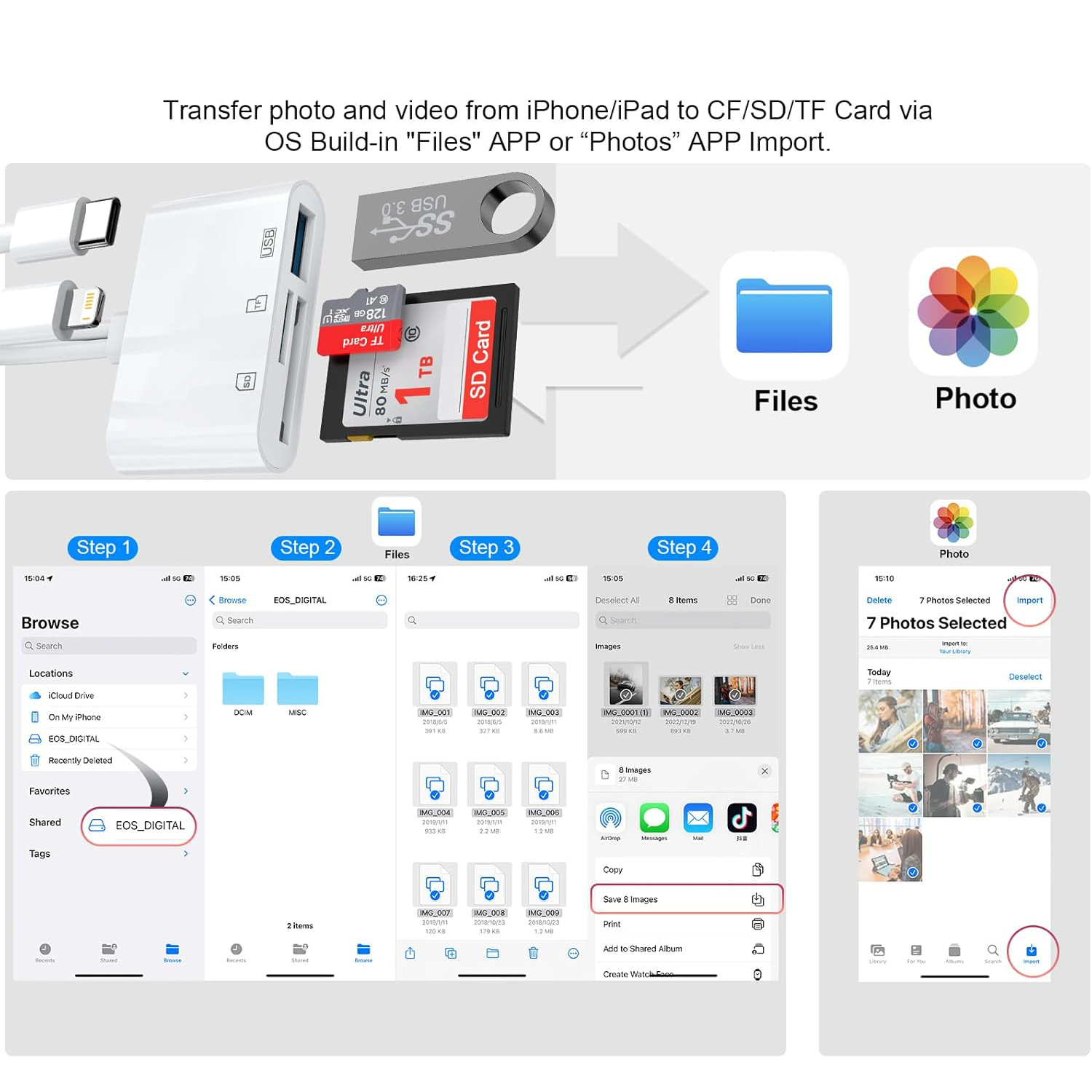 OTG Adapter USB 3.0 Type C SD TF Card Reader for iPhone 14 15 16 iPad MacBook Android Cameras Plug and Play
