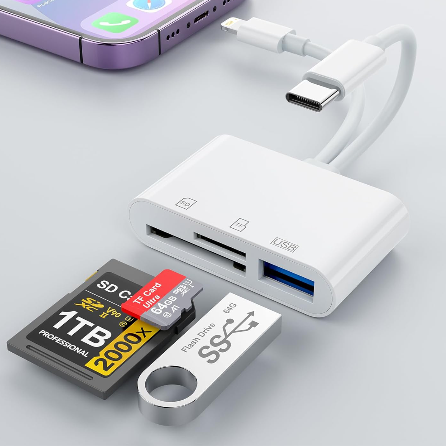 OTG Adapter USB 3.0 Type C SD TF Card Reader for iPhone 14 15 16 iPad MacBook Android Cameras Plug and Play