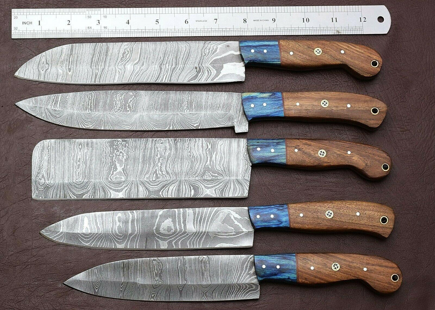 Handmade Damascus Kitchen 5 Chef Knives Set with Rosewood Handle