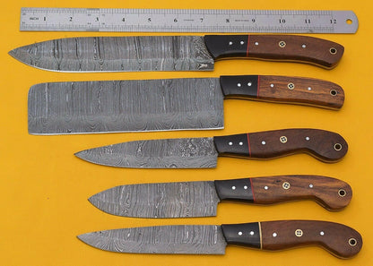 Premium Handmade Damascus 5Piece Chef Knife Set With Rosewood Handles 2