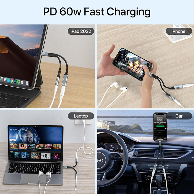 PD 60W Fast Charging USB Type C to 3.5 mm Audio Aux Adapter, Headphone Cable for iPhone 15, Samsung, Xiaomi