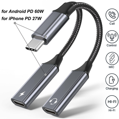 PD 60W Fast Charging USB Type C to 3.5 mm Audio Aux Adapter, Headphone Cable for iPhone 15, Samsung, Xiaomi
