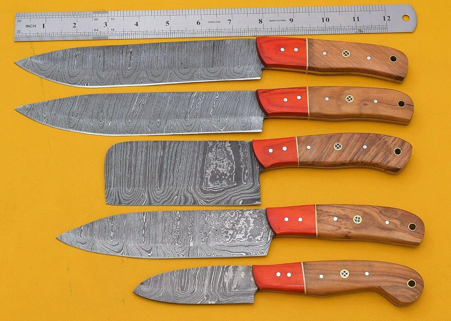 Handmade Damascus 5Piece Chef Knife Kitchen Set With Poplar Wood Handle 1