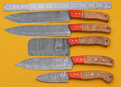 Handmade Damascus 5Piece Chef Knife Kitchen Set With Poplar Wood Handle 1