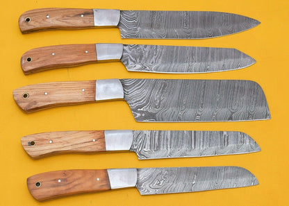 Handmade Damascus Chef Knife Set of 5 with Popular Wood Handle