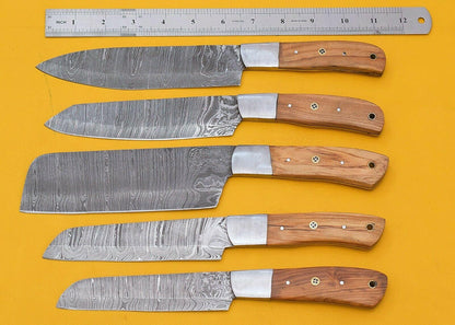 Handmade Damascus Chef Knife Set Of 5 With Popular Wood Handle 1