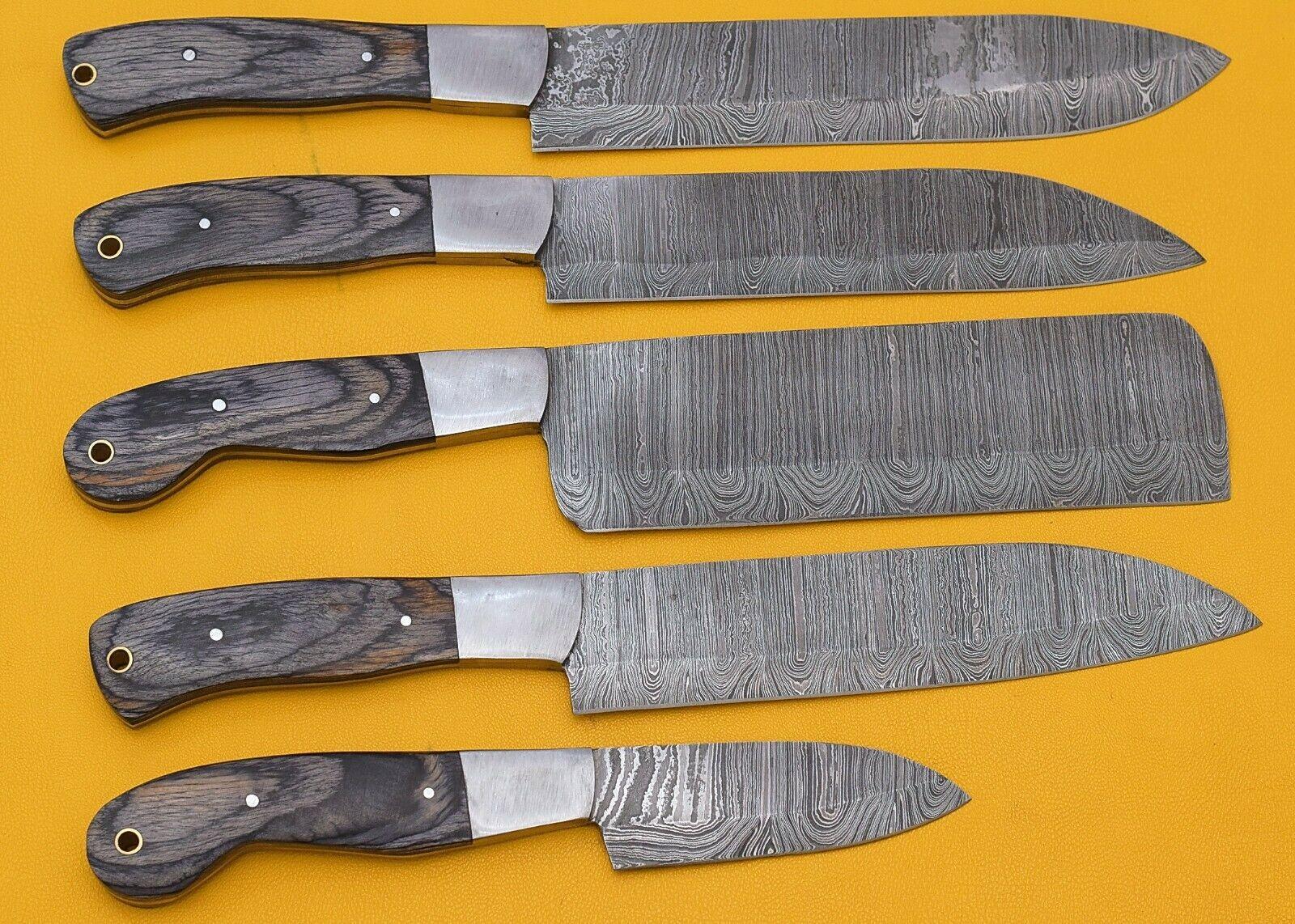 Handmade Damascus Kitchen 5 Chef Knives Set with Pakka Wood Handle