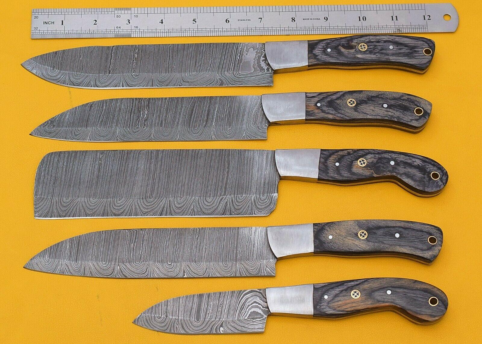 Handmade Damascus Kitchen 5 Chef Knives Set With Pakka Wood Handle 1