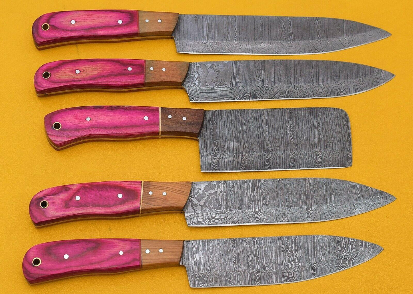 Premium Damascus Steel Kitchen Knife Set of 5 – Pakka Wood Grip