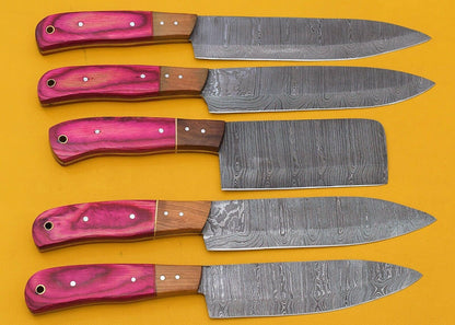 Premium Damascus Steel Kitchen Knife Set of 5 – Pakka Wood Grip