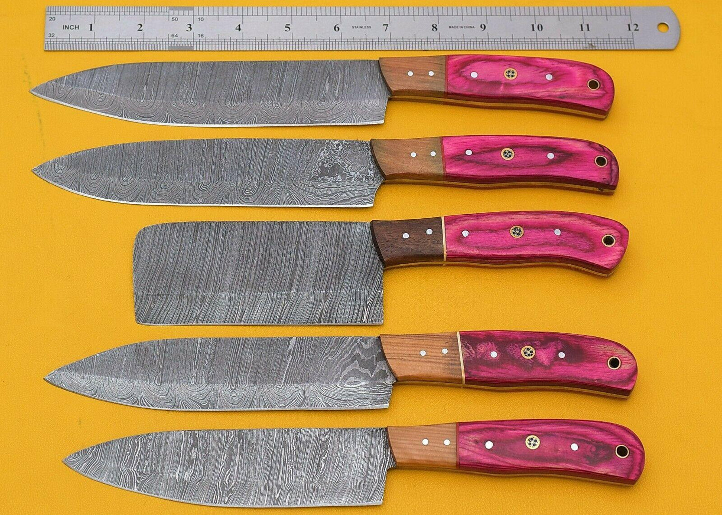Premium Damascus Steel Kitchen Knife Set Of 5  Pakka Wood Grip 1