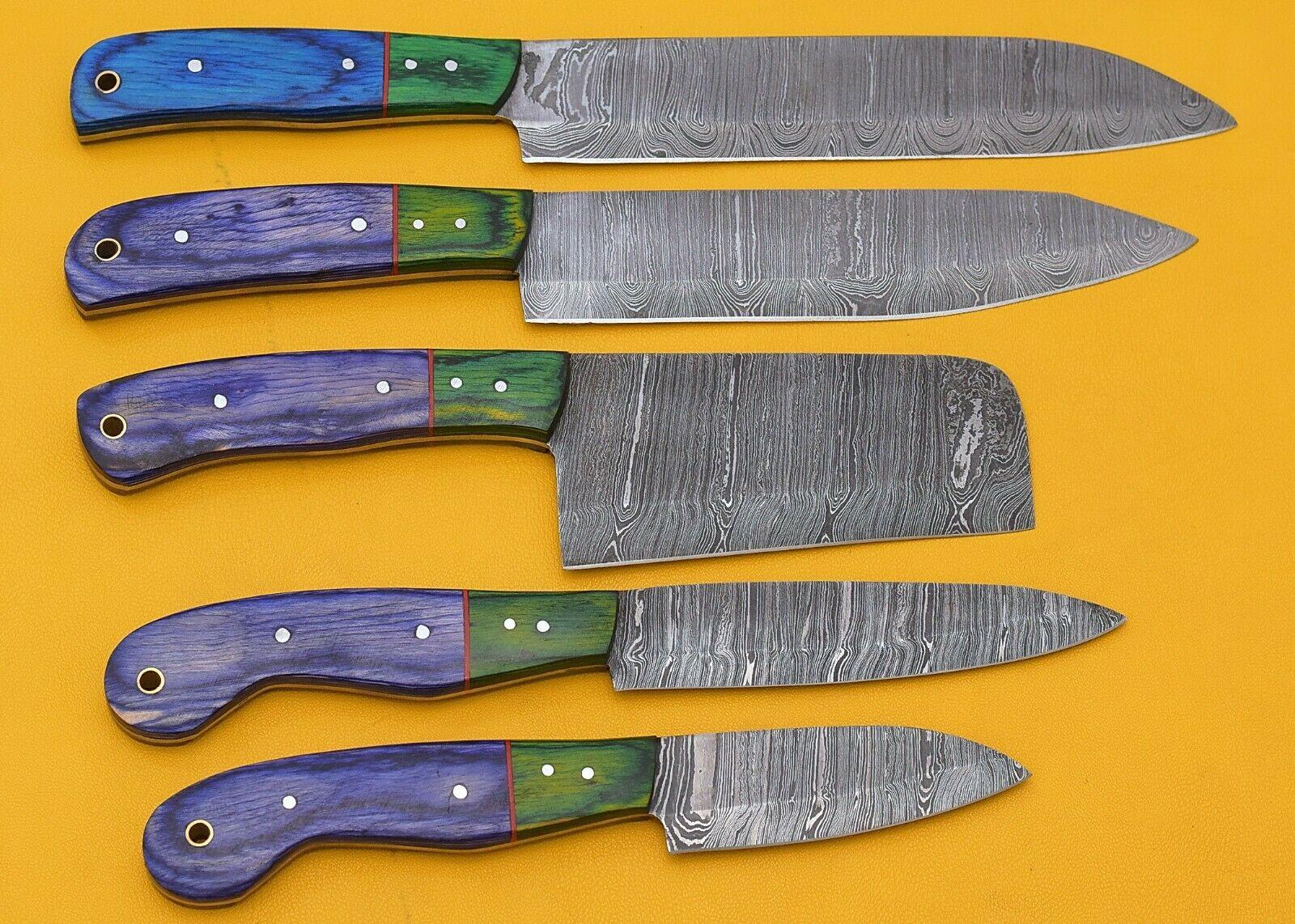 Custom Handmade Damascus Chef Knives Set Of 5 With Leather Sheath 2