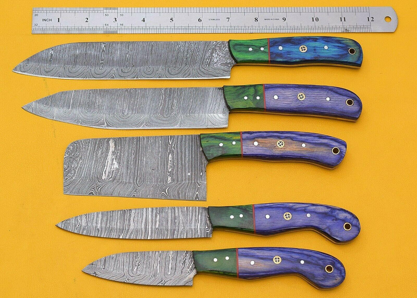 Professional Damascus Steel 5Piece Chef Knife Collection  Pakka Handle 1