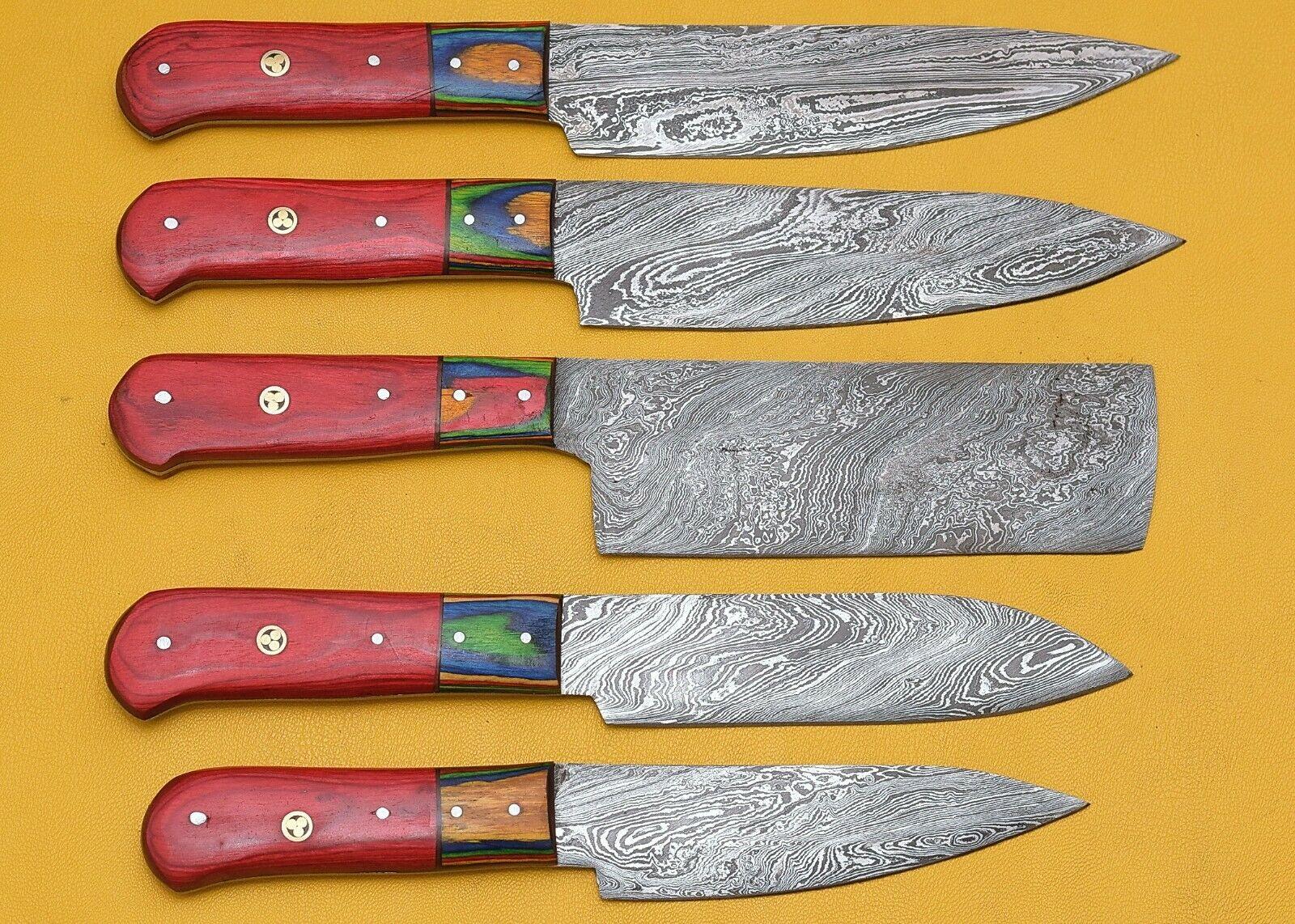 Forged Damascus Kitchen Knife Set of 5 – Handmade with Wooden Handle