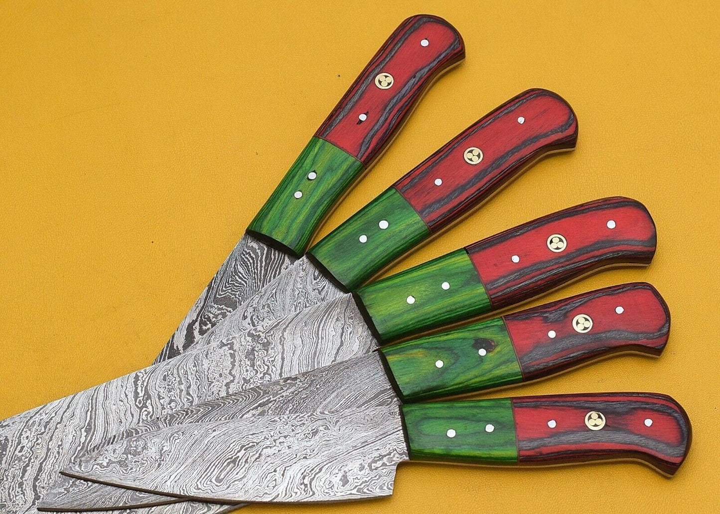 Artisan Damascus Steel Knife Set  5 Chef Knives With Pakka Wood Handle 3