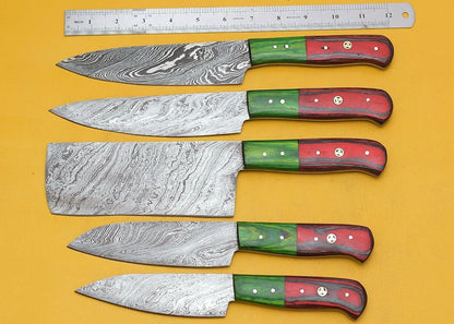 Artisan Damascus Steel Knife Set  5 Chef Knives With Pakka Wood Handle 1