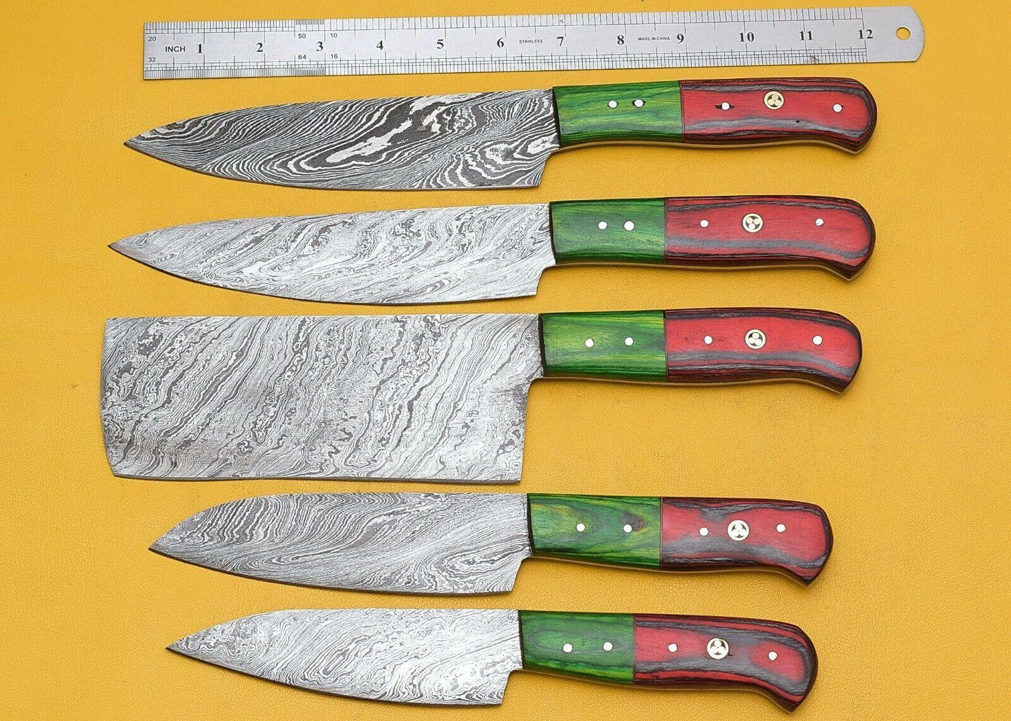 Artisan Damascus Steel Knife Set – 5 Chef Knives with Pakka Wood Handle