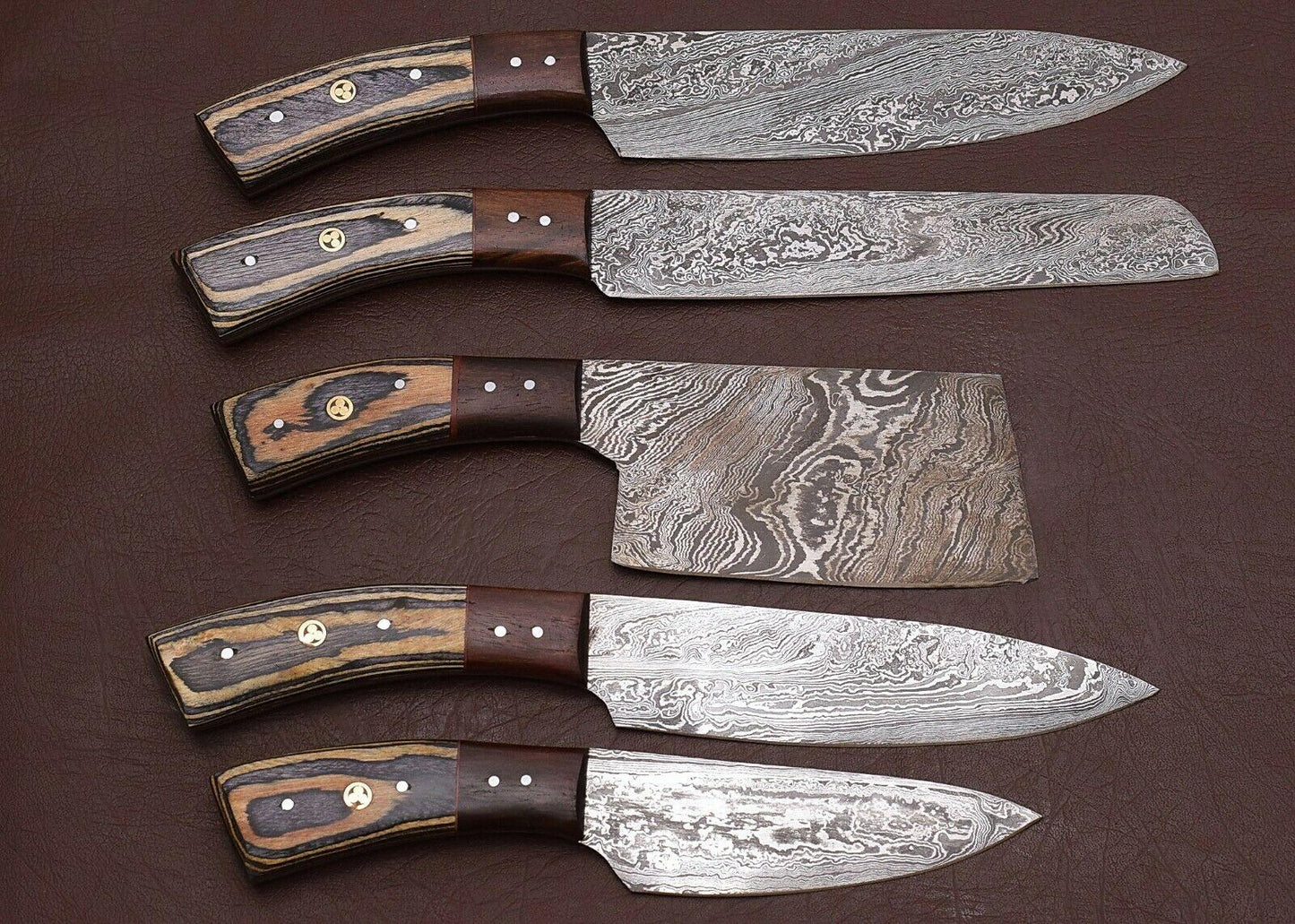 Damascus Steel 5Piece Chef Knife Set  Hand Forged With Wood Handle 1