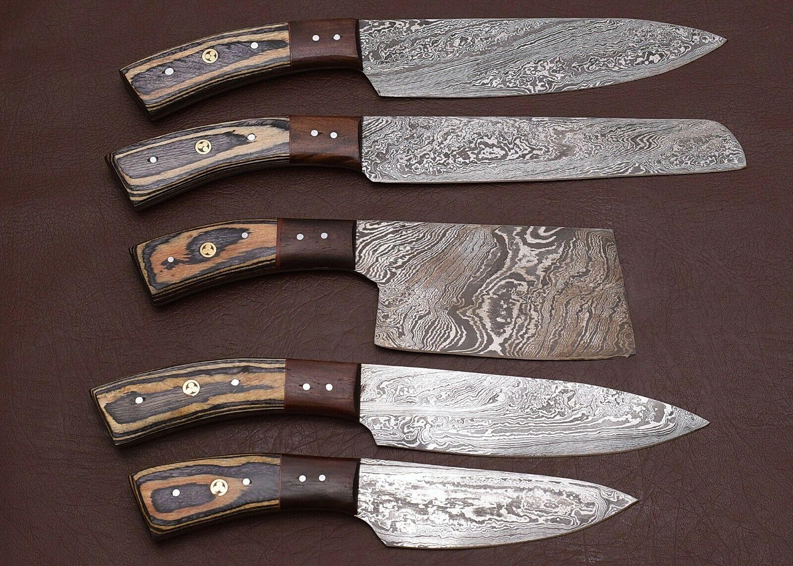 Damascus Steel 5Piece Chef Knife Set  Hand Forged With Wood Handle 1