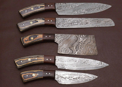 Damascus Steel 5Piece Chef Knife Set  Hand Forged With Wood Handle 1