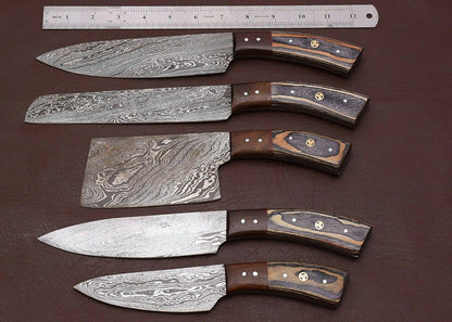 Damascus Steel 5-Piece Chef Knife Set – Hand Forged with Wood Handle