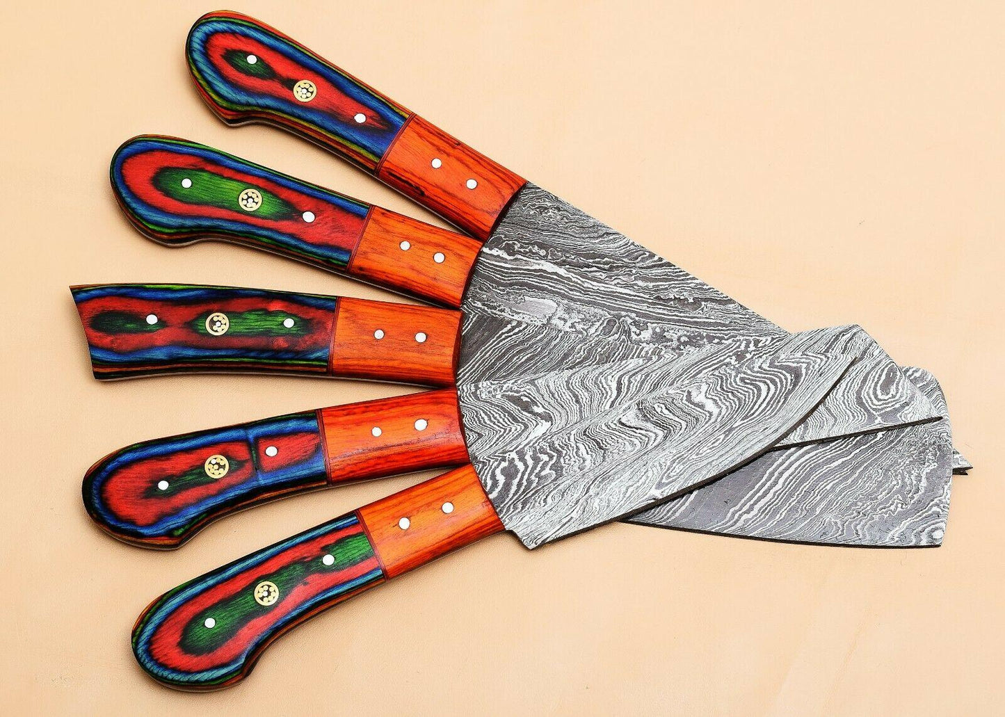 Damascus Steel 5 Chef Knives Set  Elegant Pakka Wood Grip 3