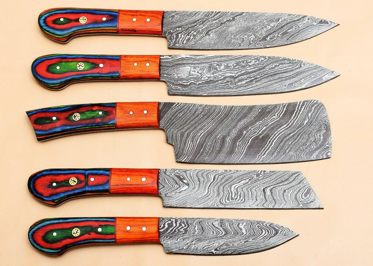 Damascus Steel 5 Chef Knives Set – Elegant Pakka Wood Grip