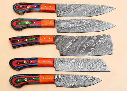 Damascus Steel 5 Chef Knives Set – Elegant Pakka Wood Grip
