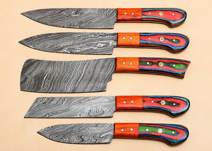 Damascus Steel 5 Chef Knives Set  Elegant Pakka Wood Grip 2
