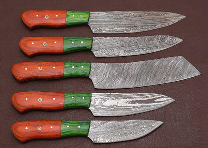 Artisan Damascus Kitchen Knives Set With Pakka Wood Handles  5 Pc 1