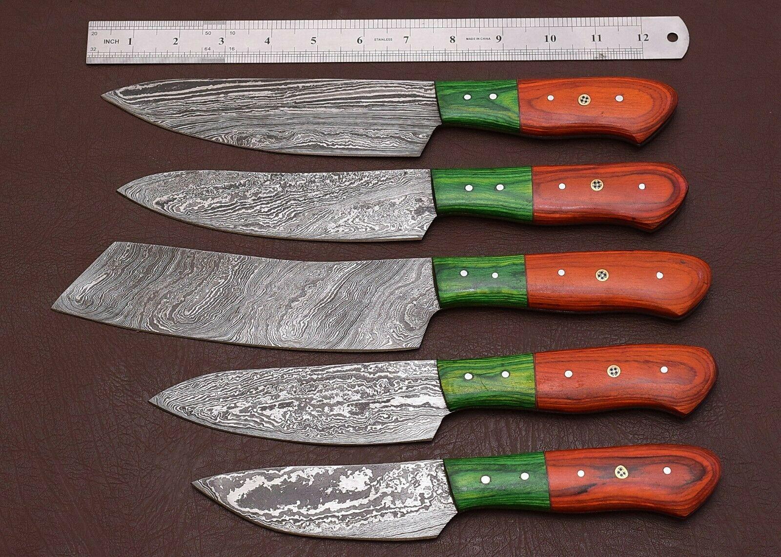 Artisan Damascus Kitchen Knives Set with Pakka Wood Handles – 5 Pc