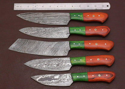 Artisan Damascus Kitchen Knives Set with Pakka Wood Handles – 5 Pc