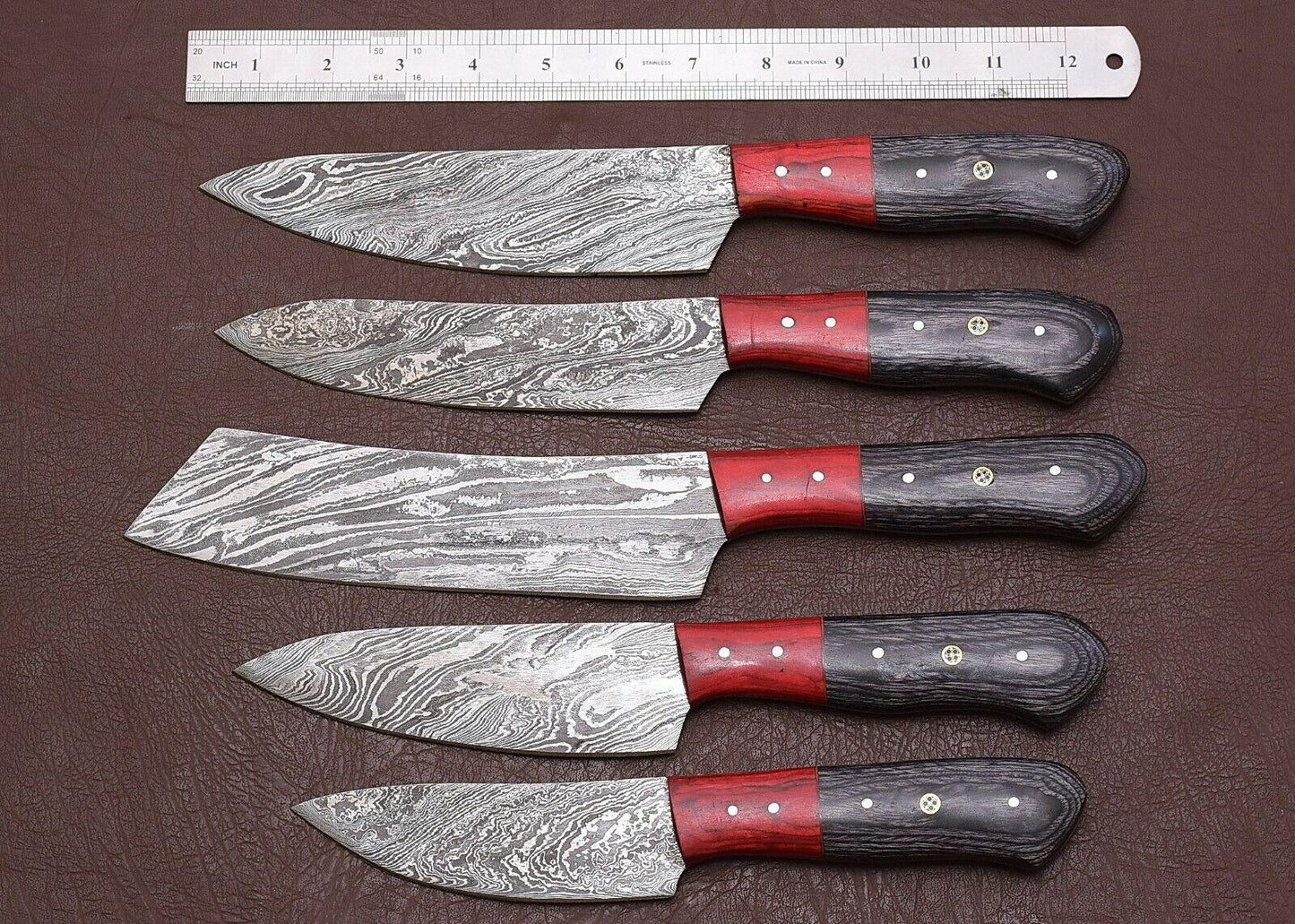Professional Chef Damascus Steel Knife Set of 5 – Handmade Quality