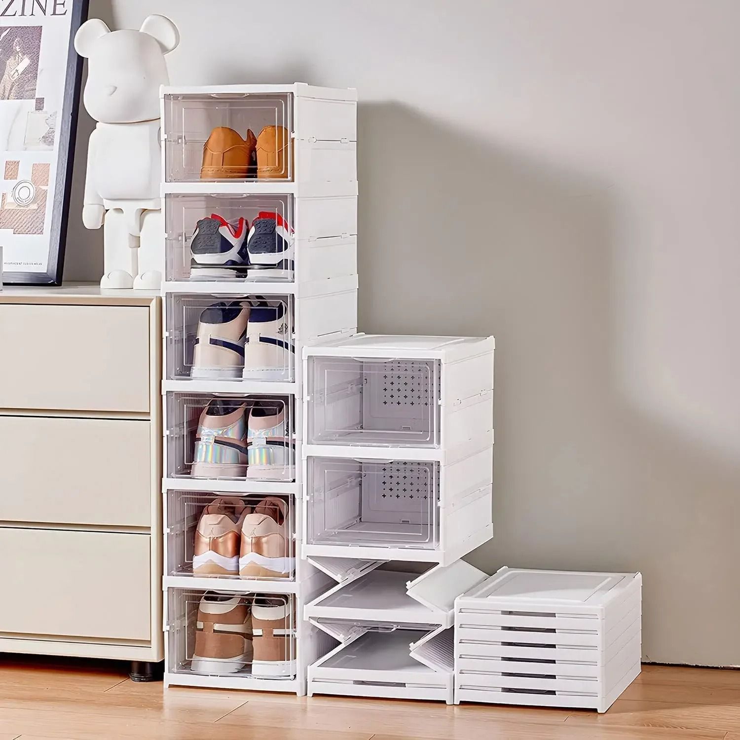 Foldable Transparent Shoe Storage Box Organizer Stackable  Dustproof 2