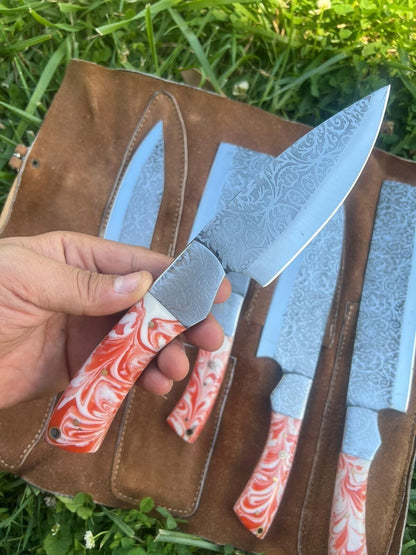 5 PCS Handmade D2 Steel Chef Knife Set With Resin Handle  Leather Bag 1