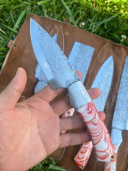 5 PCS Handmade D2 Steel Chef Knife Set With Resin Handle  Leather Bag 2