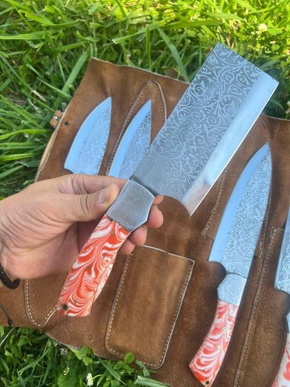 5 PCS Handmade D2 Steel Chef Knife Set With Resin Handle  Leather Bag 3